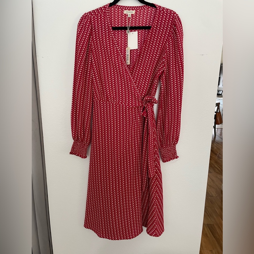 Max Studio Red Patterned Long Sleeve Dress, Wrap Dress
